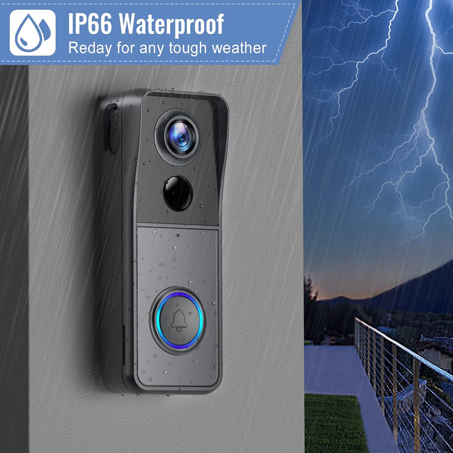 Wireless Wifi Video Doorbell Camera, 2K HD Smart Video Door Bell with Camera Battery Operated PIR Motion Detection Night Vision 2-Way Audio Support SD Card