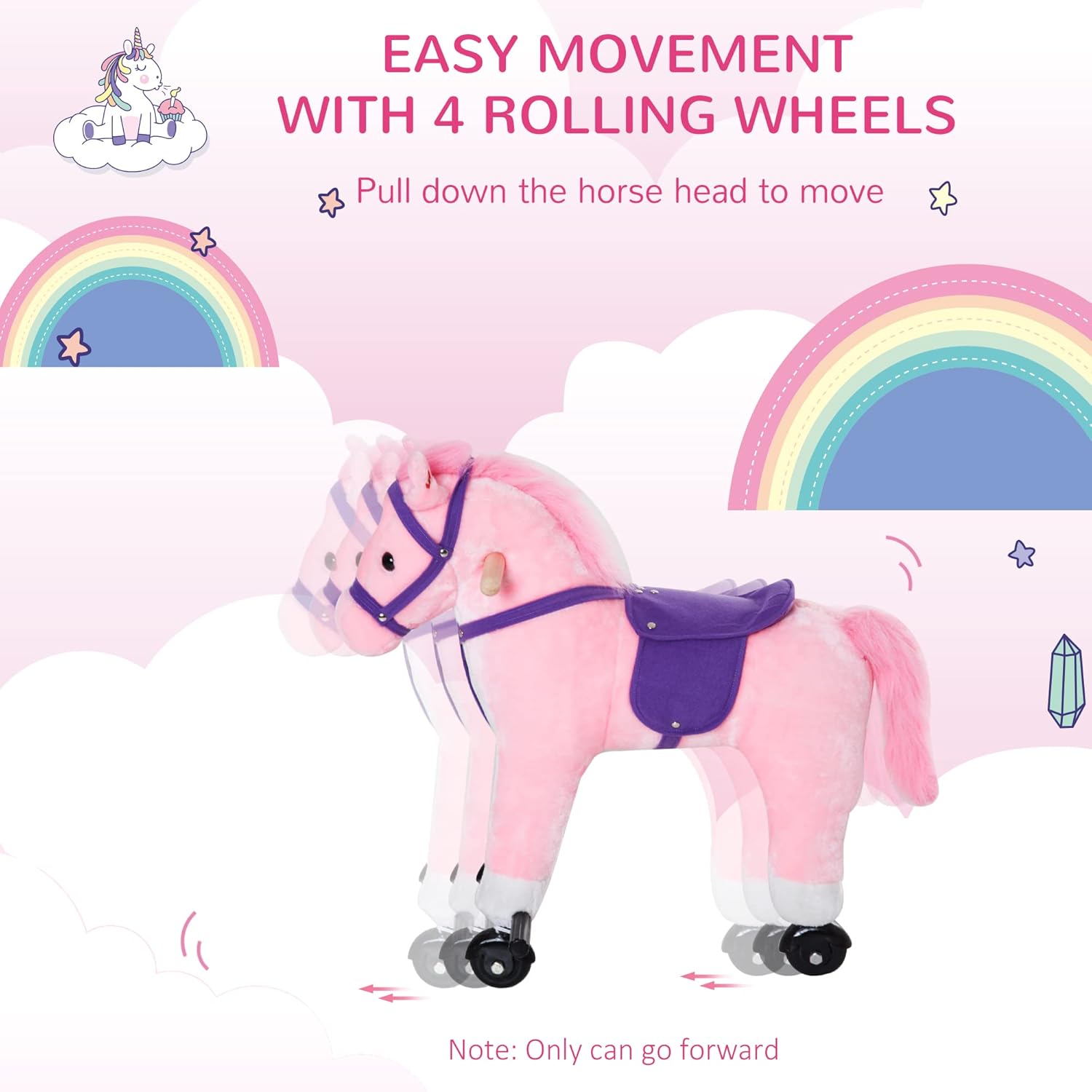 Wooden Action Pony Wheeled Walking Horse Riding Little Baby Plush Toy Wooden Style Ride on Animal Kids Gift W/Sound