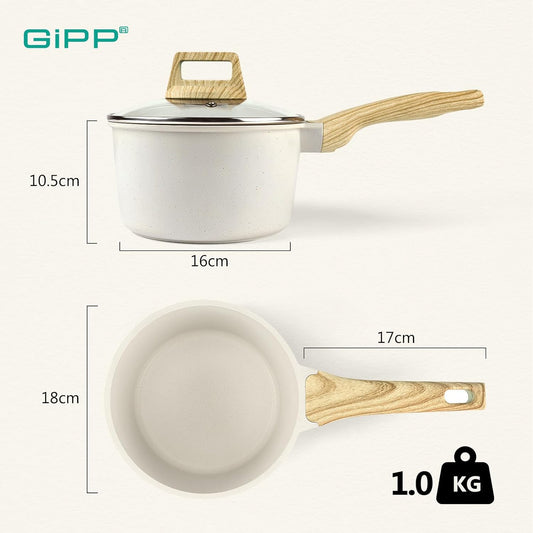 Nonstick Sauce Pan with Lid - 2.5L Small Sauce Pot Non Stick Cooking Pot with Stay-Cool Handle, Kitchen Pots Granite Saucepan Induction Compatible, PFOA Free(White, 18Cm)