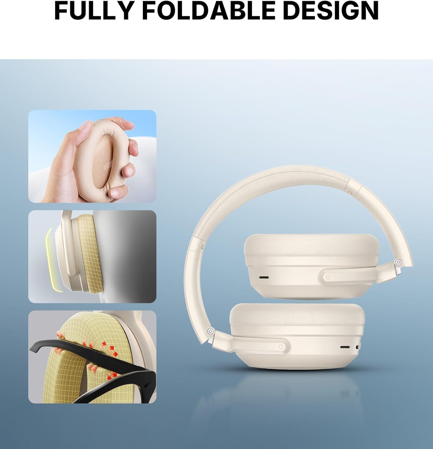 Pro Wireless Over-Ear Headphones with -43Db Active Noise Cancellation, Hi-Res Audio, AAC, Bluetooth V5.4, Multi-Point Connection, Al Clear Calls, Fast Charging, Foldable - Ivory