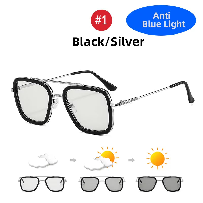 Square Photochromic Glasses Men Anti Blue Light Blocking Eyeglasses Computer Ray Retro Unisex Tony Stark Goggles