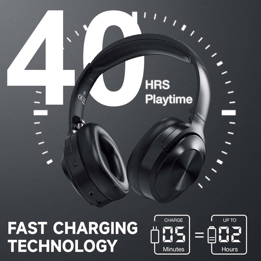 Active Noise Cancelling Headphones, over Ear Wireless Bluetooth Headphones, Hi-Res Audio, Deep Bass Memory Foam Ear Cups, 40H Playtime for Travel Home Office - Black