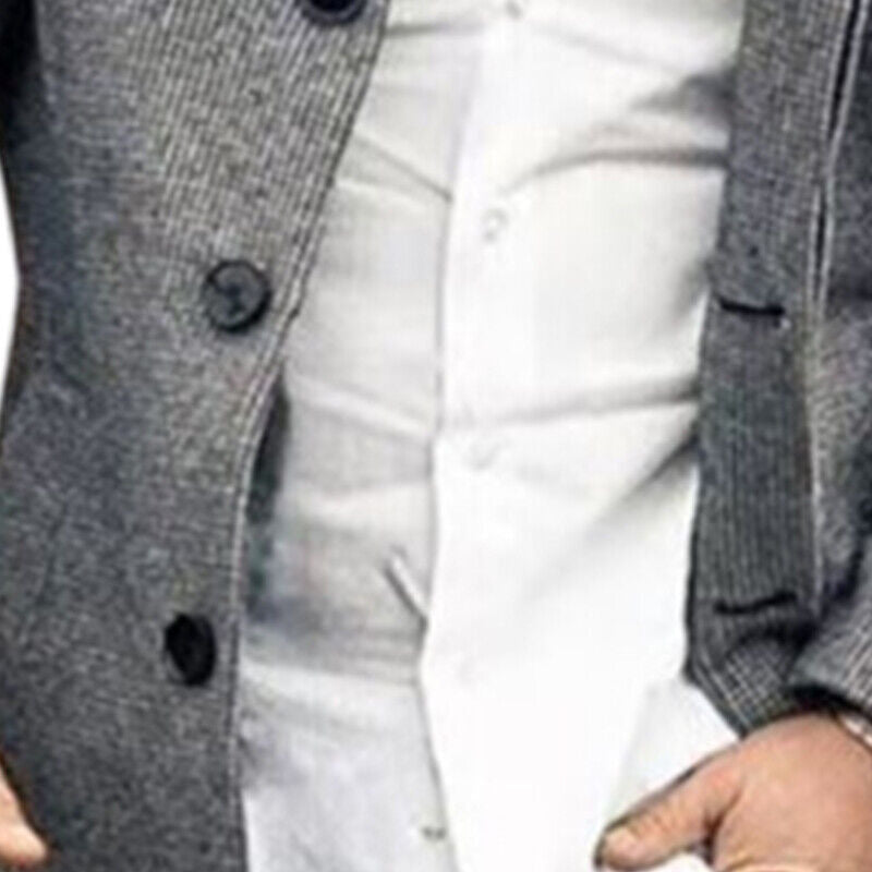 Men’s Long Sleeve Woolen Trench Coat – Warm Plaid Office Jacket for Winter Style