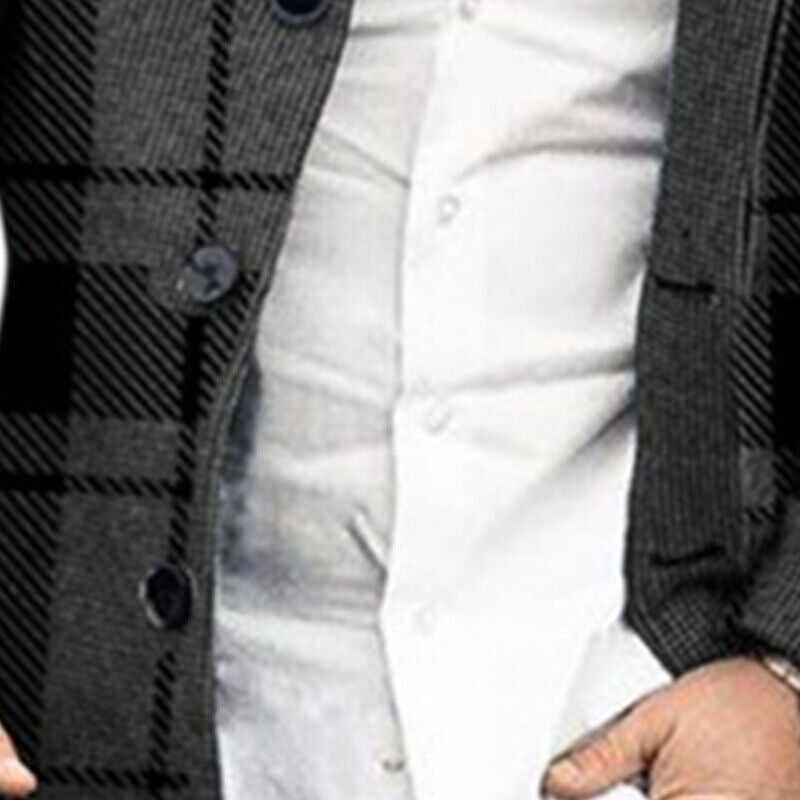 Men’s Long Sleeve Woolen Trench Coat – Warm Plaid Office Jacket for Winter Style