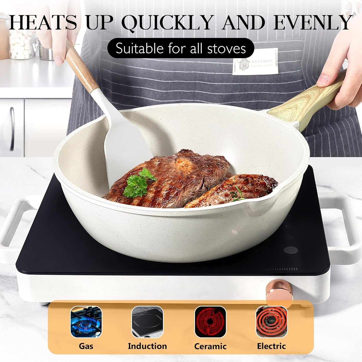 Nonstick Deep Frying Pan – 4.3L White Granite Sauté Pan with Lid, Pour Spout, Stay-Cool Handle, and Induction Compatibility (PFOA Free, 28cm)