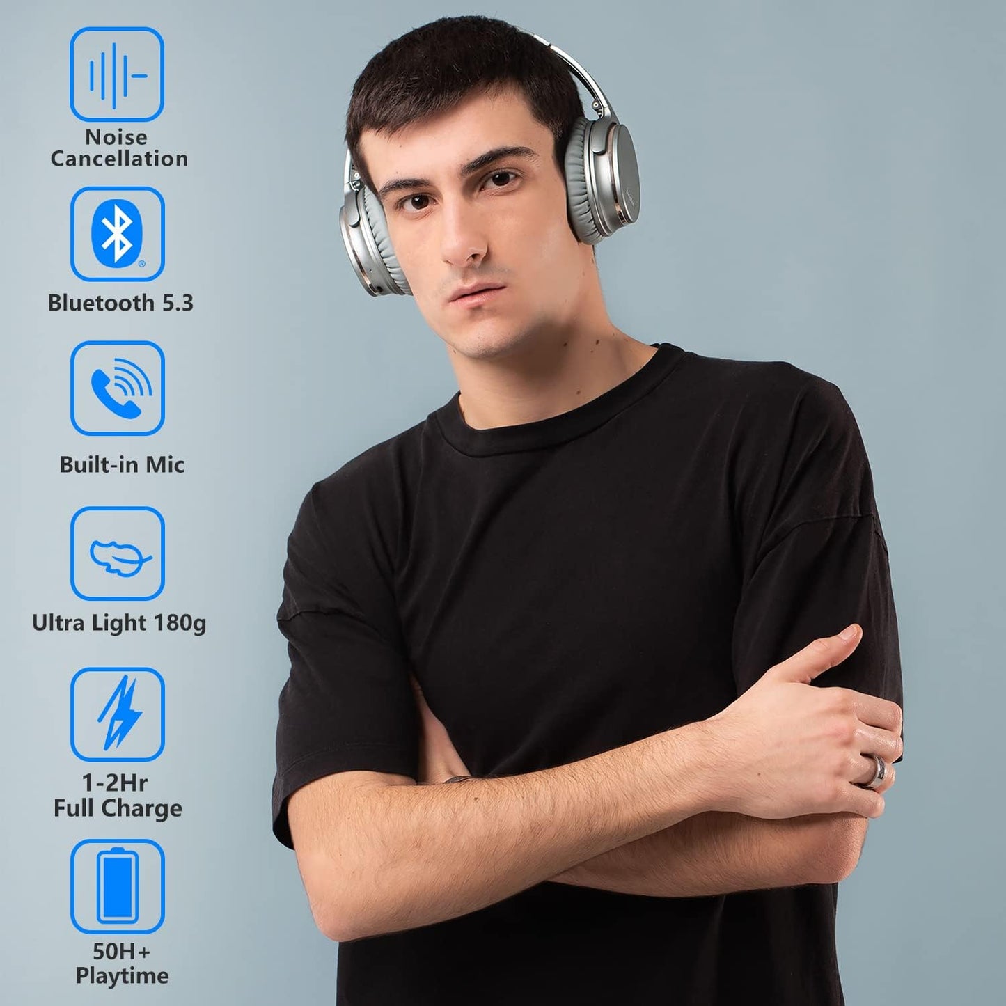 NC35 Noise Cancelling Wireless Headphones Bluetooth 5.0, Foldable over Ear Headset with Build-In Mic,50+ Hrs Playtime,Multi-Point Bluetooth Connection Voice Call