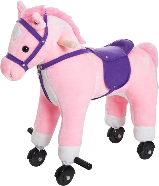 Wooden Action Pony Wheeled Walking Horse Riding Little Baby Plush Toy Wooden Style Ride on Animal Kids Gift W/Sound