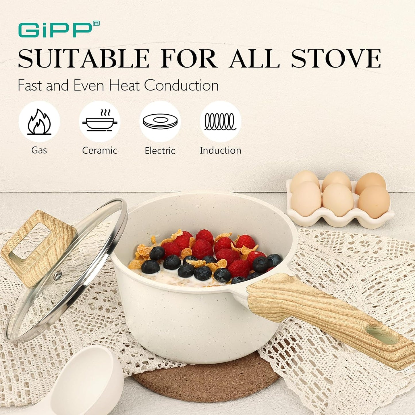 Nonstick Sauce Pan with Lid - 2.5L Small Sauce Pot Non Stick Cooking Pot with Stay-Cool Handle, Kitchen Pots Granite Saucepan Induction Compatible, PFOA Free(White, 18Cm)