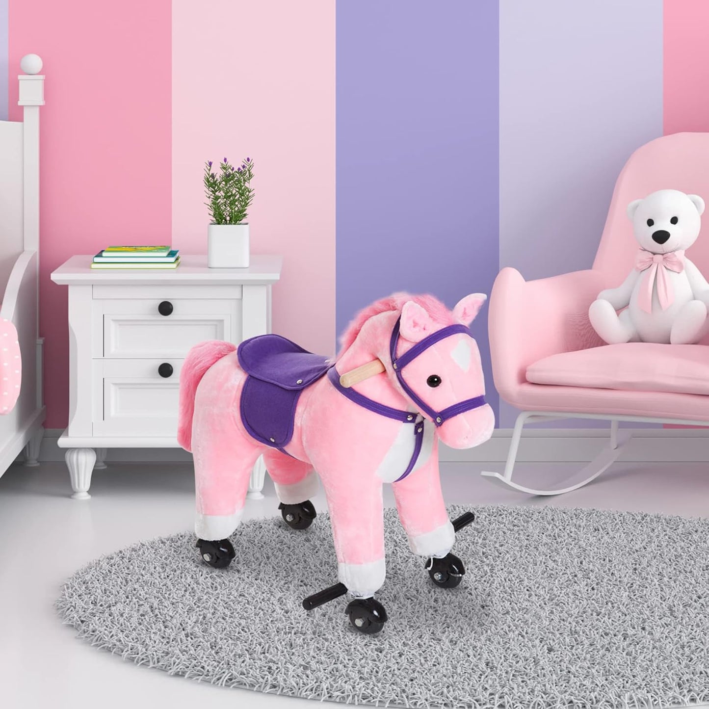 Wooden Action Pony Wheeled Walking Horse Riding Little Baby Plush Toy Wooden Style Ride on Animal Kids Gift W/Sound