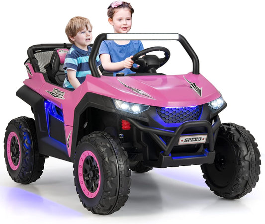Kids Electric UTV, 2-Seater 12V Battery Powered Toy Car with Remote Control, Lights, Bluetooth, MP3, USB, FM, High/Low Speed & Suspension Spring, Children Ride on Car for 3-8 Years Old (Pink)