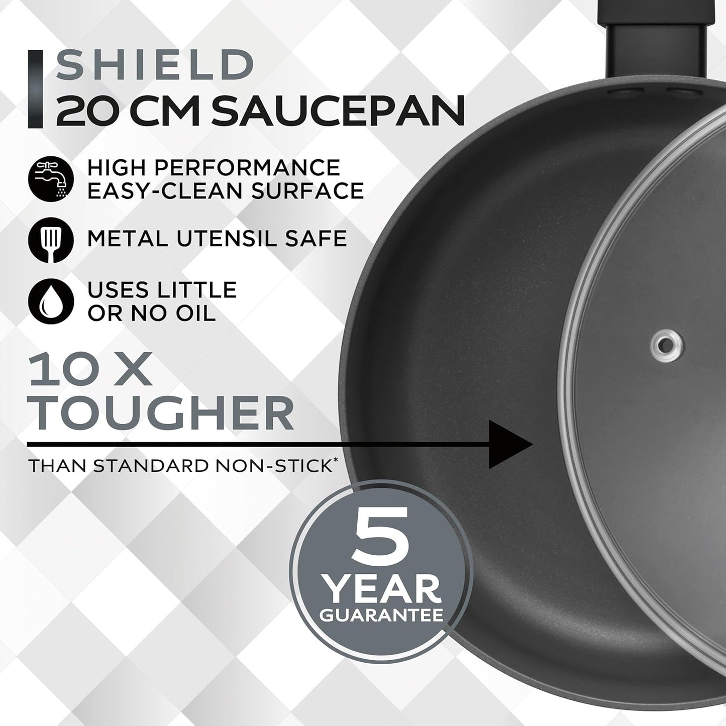 Russell Hobbs Shield 20 Cm Saucepan – Non-Stick Coating 10X Tougher*, Induction Suitable Cooking Pot, Tempered Glass Lid, Pressed Aluminium Casserole, Easy to Clean, Soft-Touch Handle