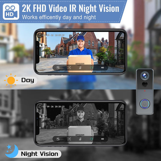 Wireless Wifi Video Doorbell Camera, 2K HD Smart Video Door Bell with Camera Battery Operated PIR Motion Detection Night Vision 2-Way Audio Support SD Card