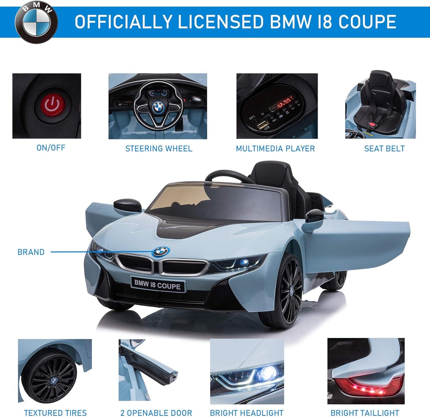 BMW I8 Coupe Licensed 6V Kids Electric Ride on Car Toy with Remote Control Music Horn Lights MP3 Suspension Wheels for 3-8 Years