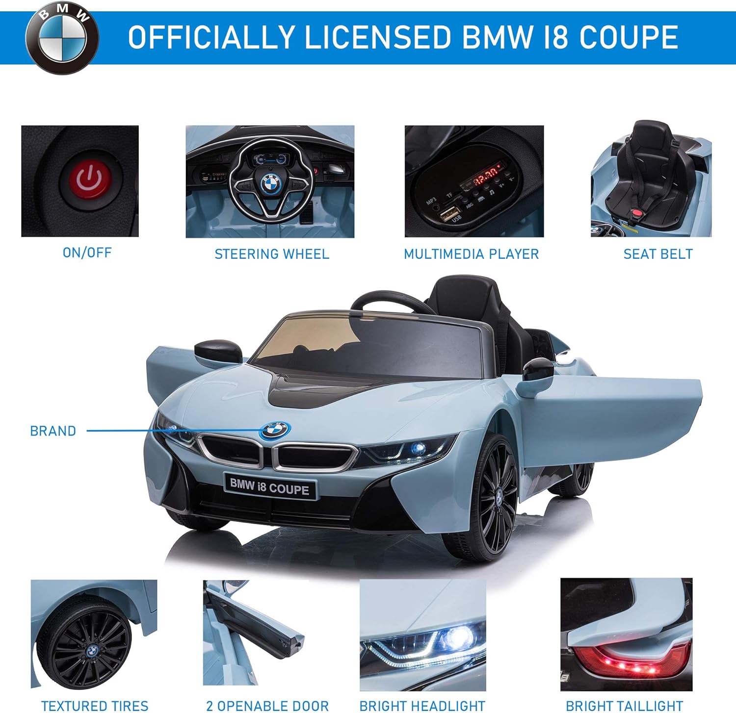 BMW I8 Coupe Licensed 6V Kids Electric Ride on Car Toy with Remote Control Music Horn Lights MP3 Suspension Wheels for 3-8 Years