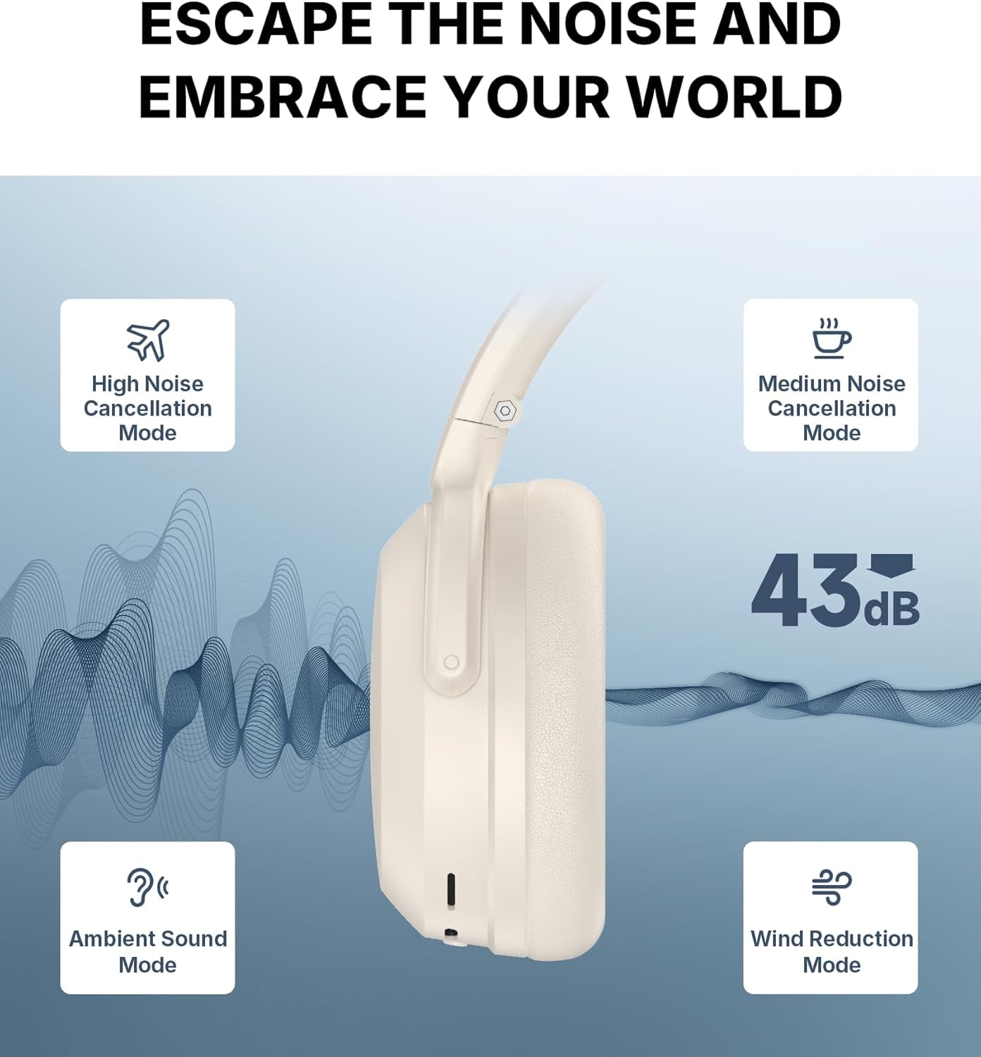 Pro Wireless Over-Ear Headphones with -43Db Active Noise Cancellation, Hi-Res Audio, AAC, Bluetooth V5.4, Multi-Point Connection, Al Clear Calls, Fast Charging, Foldable - Ivory