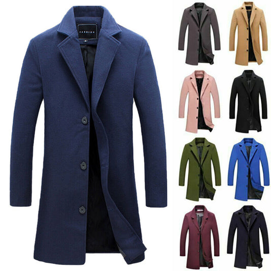 Men’s Winter Warm Trench Coat – Long Formal Jacket with Button-Up Design, Stylish Smart Work Overcoat