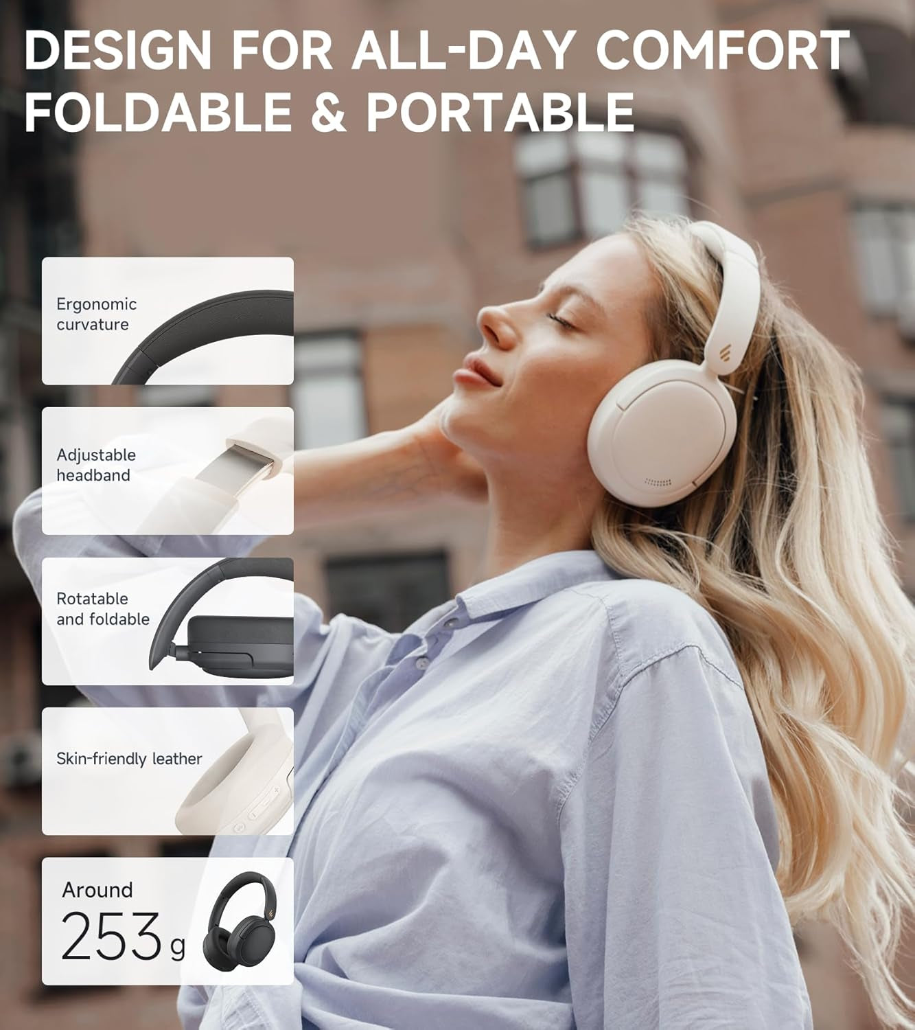 W800BT Pro Hybrid Active Noise Cancelling Headphones - Hi-Res Audio - AI Call Noise Cancellation - 45H Playtime - Fast Charging - Foldable - Wireless Over-Ear Bluetooth 5.4 Headphones - Ivory