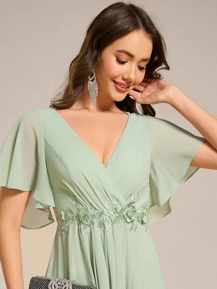 Mint Green Formal Evening Dress – Deep V-Neck Applique Ruffle Tea-Length Gown with Short Sleeves (Wedding Guest Dress, Corporate Event, Office Dress-Up)