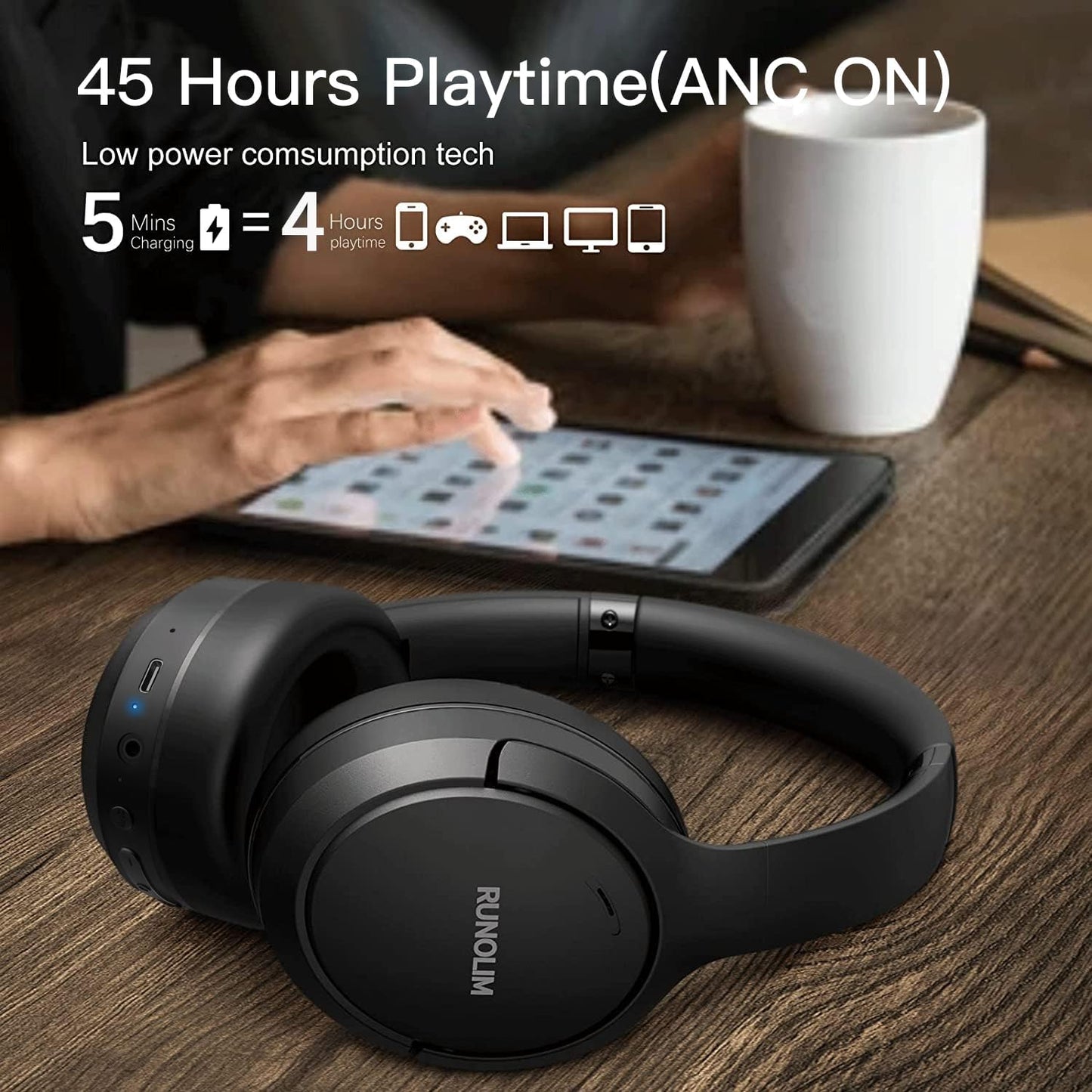 Hybrid Active Noise Cancelling Headphones, Wireless over Ear Bluetooth Headphones with Microphone, 70H Playtime, Foldable Wireless Headphones with Hifi Audio, Deep Bass for Home Travel Office