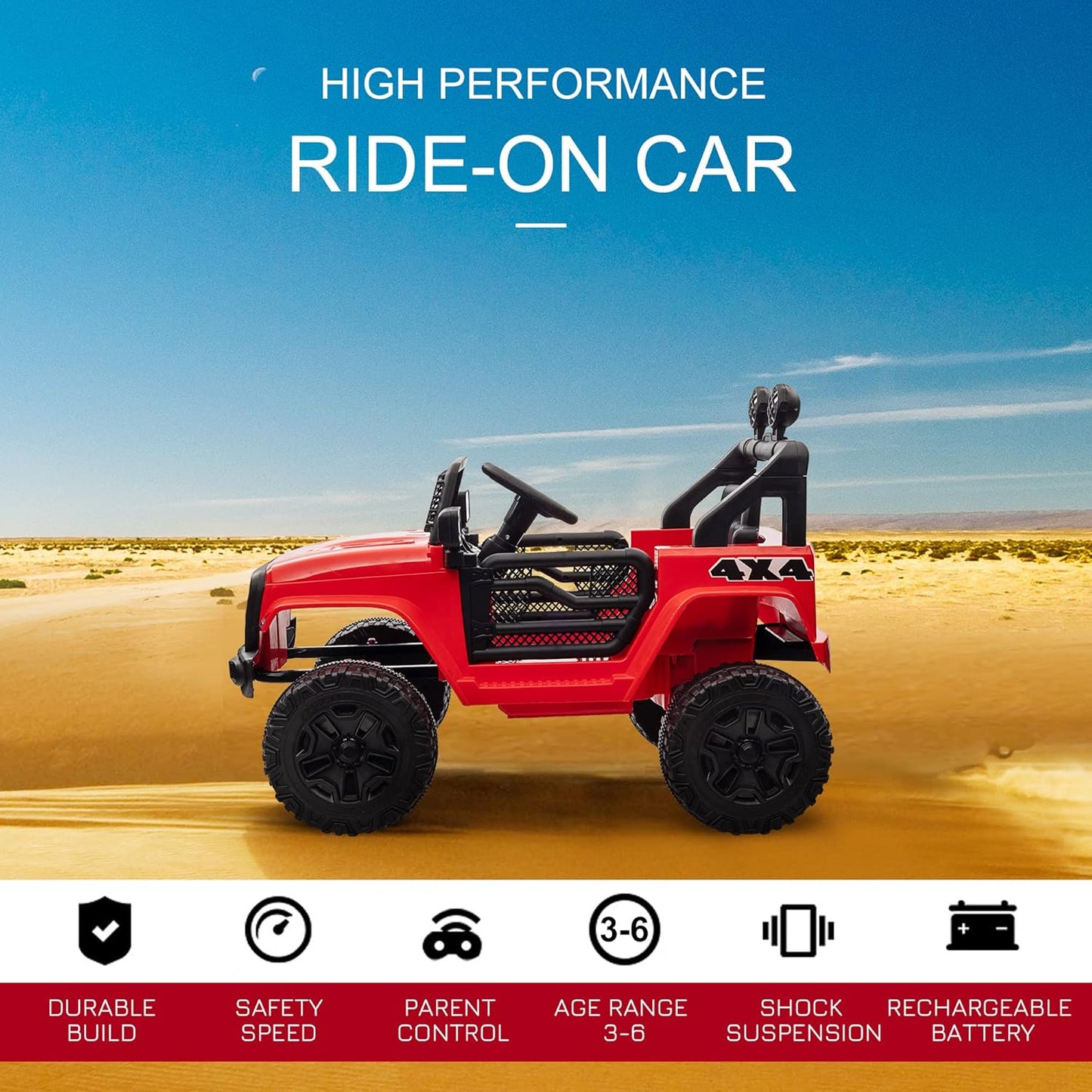 Kids Electric Ride on Car 12V off Road Toy with Parental Remote Control 2 Motors Horn Lights Suspension Wheels for 3-6 Years Old Red
