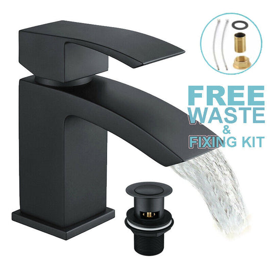 Black Basin Mixer Tap – Waterfall Mono Square Modern Bathroom Sink Faucet with Waste