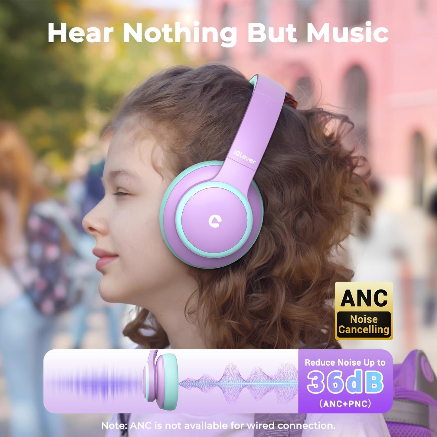 BTH26 Active Noise Cancelling Headphones for Kids, 60H Play Time, Type-C Fast Charging, 80Dba Safe Volume, Bluetooth5.4 Kids Headphones Wireless Aux Cord for Airplane Travel, Purple
