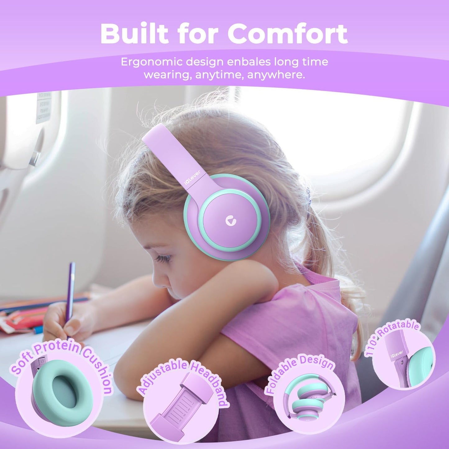 BTH26 Active Noise Cancelling Headphones for Kids, 60H Play Time, Type-C Fast Charging, 80Dba Safe Volume, Bluetooth5.4 Kids Headphones Wireless Aux Cord for Airplane Travel, Purple