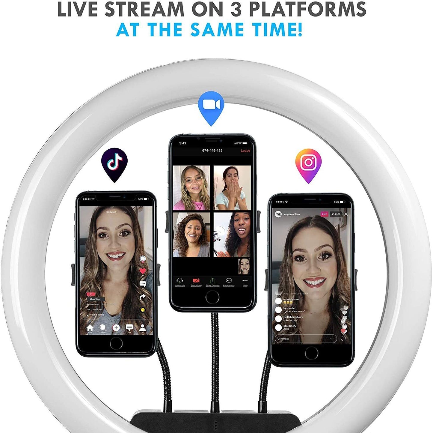 14" LED Ring Light 3 Phone Holders W/1.7M Stand Selfies Live Video Makeup
