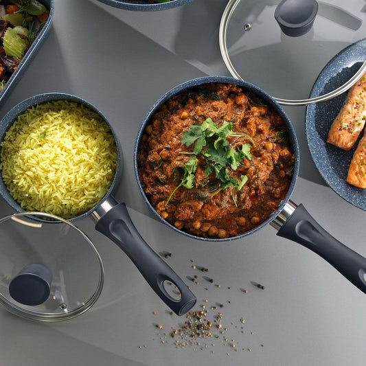 Russell Hobbs Non-Stick Saucepan - Pressed Aluminium Milk Saucepan with Tempered Glass Lid, 20Cm/2.6L Sauce Pot for Induction, Small Cooking Pot with Soft Bakelite Handle, Nightfall Stone