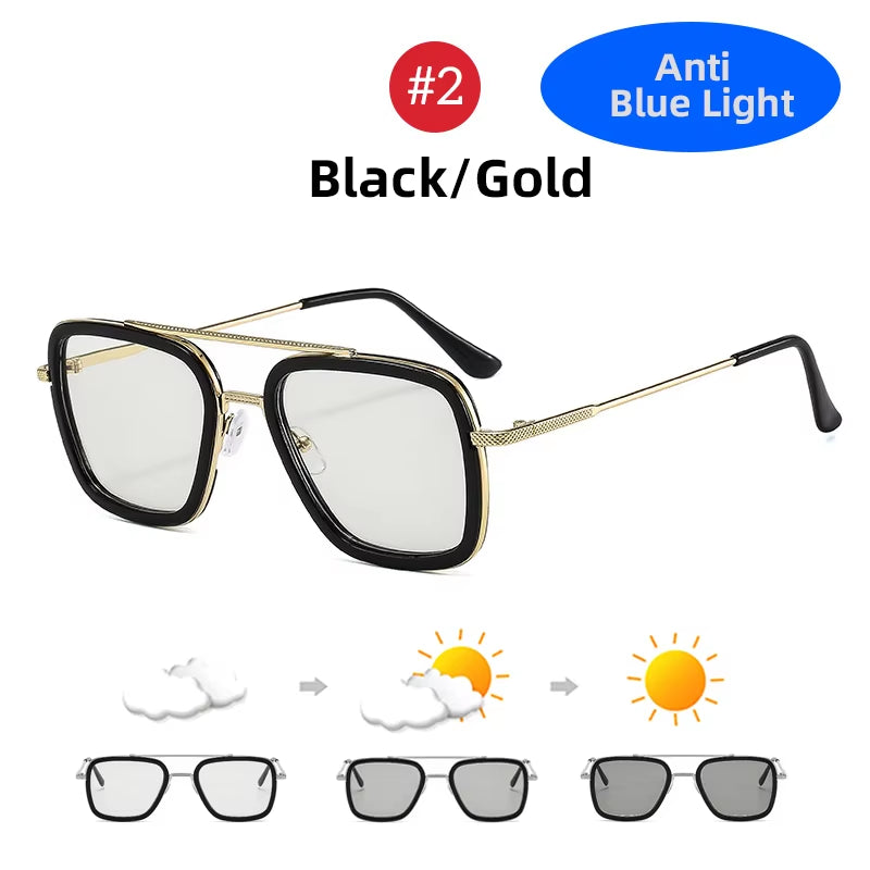 Square Photochromic Glasses Men Anti Blue Light Blocking Eyeglasses Computer Ray Retro Unisex Tony Stark Goggles