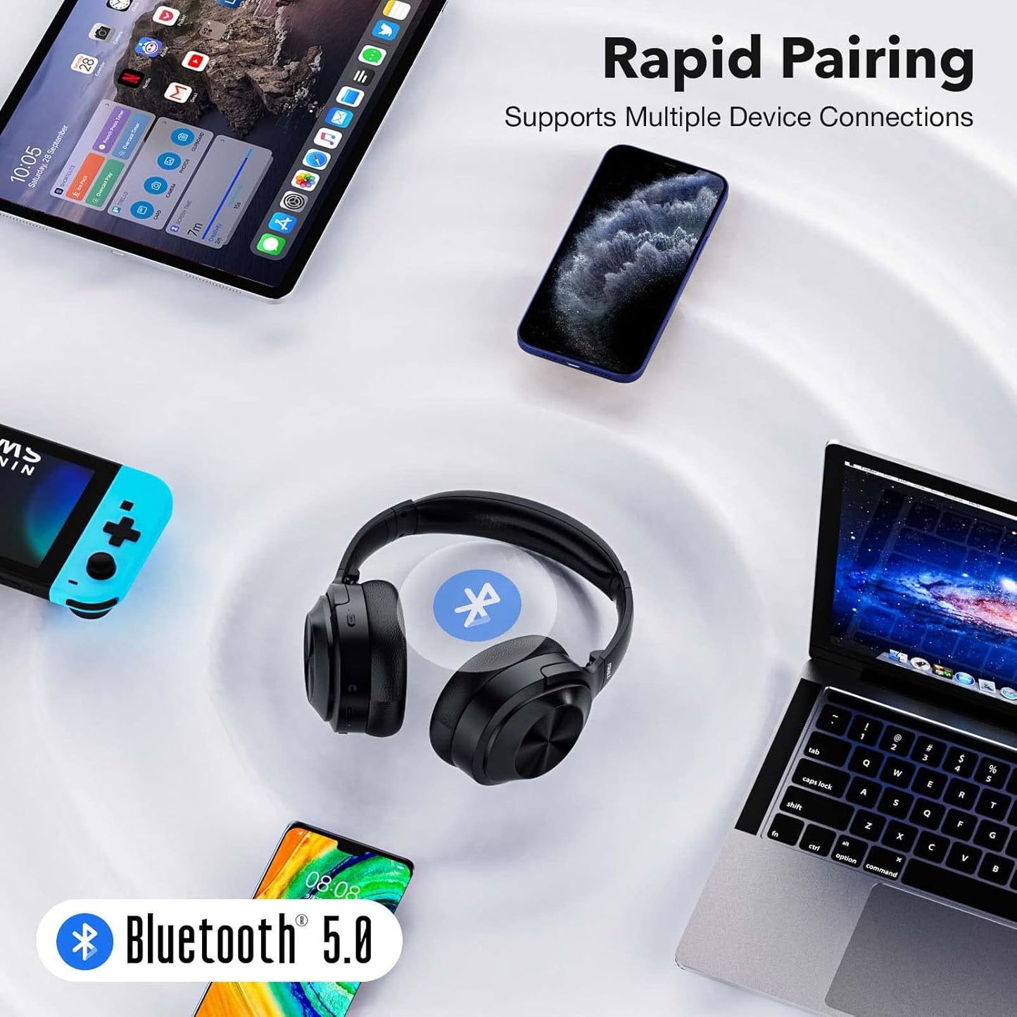 Active Noise Cancelling Headphones, over Ear Wireless Bluetooth Headphones, Hi-Res Audio, Deep Bass Memory Foam Ear Cups, 40H Playtime for Travel Home Office - Black