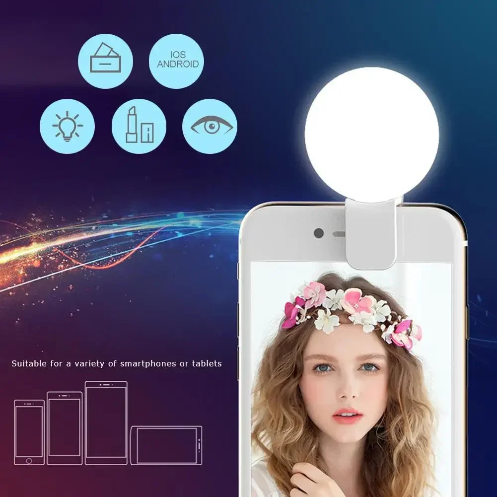 Portable Mini LED Selfie Ring Light – 3-Stop Dimming Circle Clip-On Light for Perfect Photography & Video