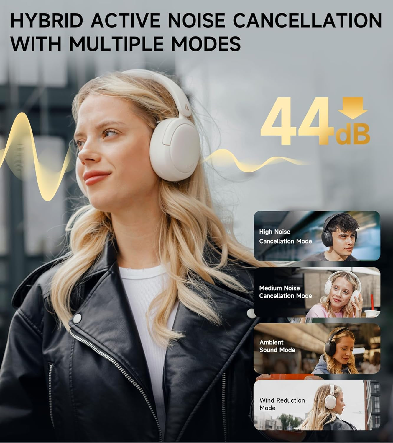W800BT Pro Hybrid Active Noise Cancelling Headphones - Hi-Res Audio - AI Call Noise Cancellation - 45H Playtime - Fast Charging - Foldable - Wireless Over-Ear Bluetooth 5.4 Headphones - Ivory