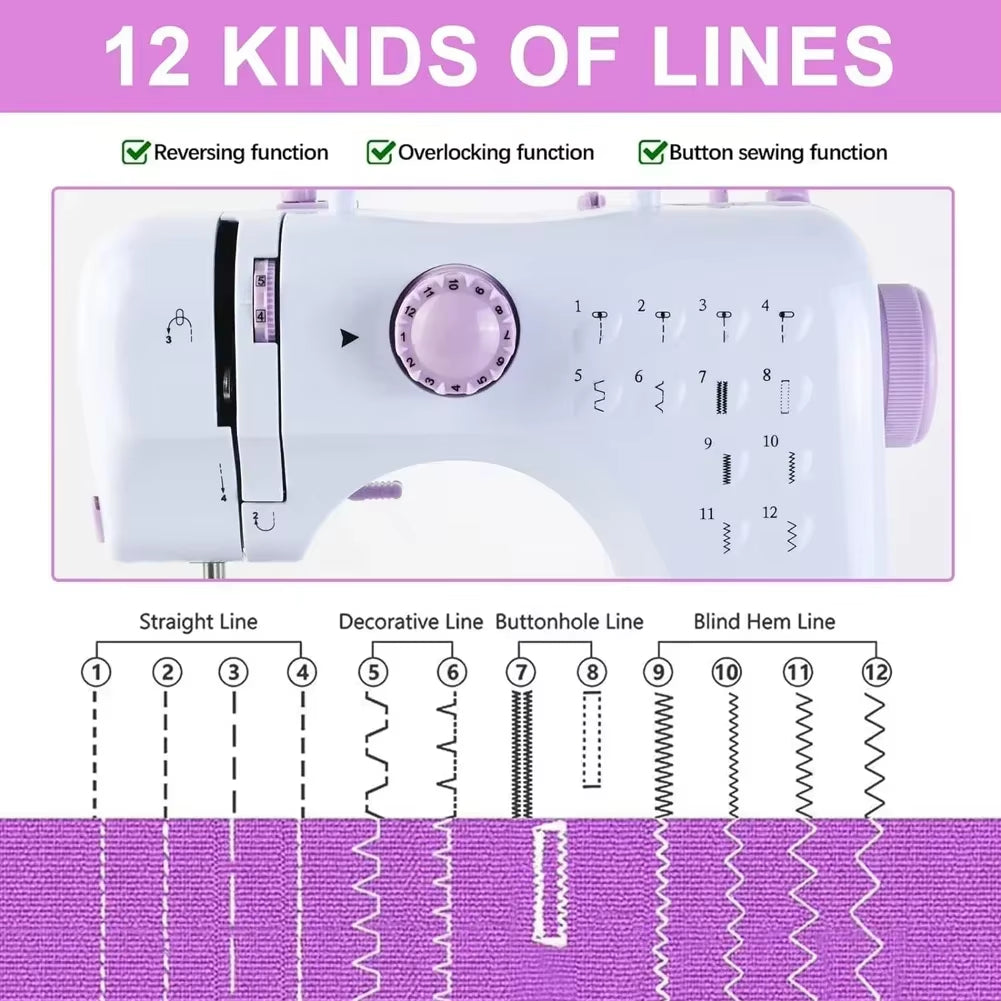 Mini Sewing Machine 505A – Lightweight, 12 Built-in Stitches, Foot Pedal, and Dual Power for Household Crafting & Mending