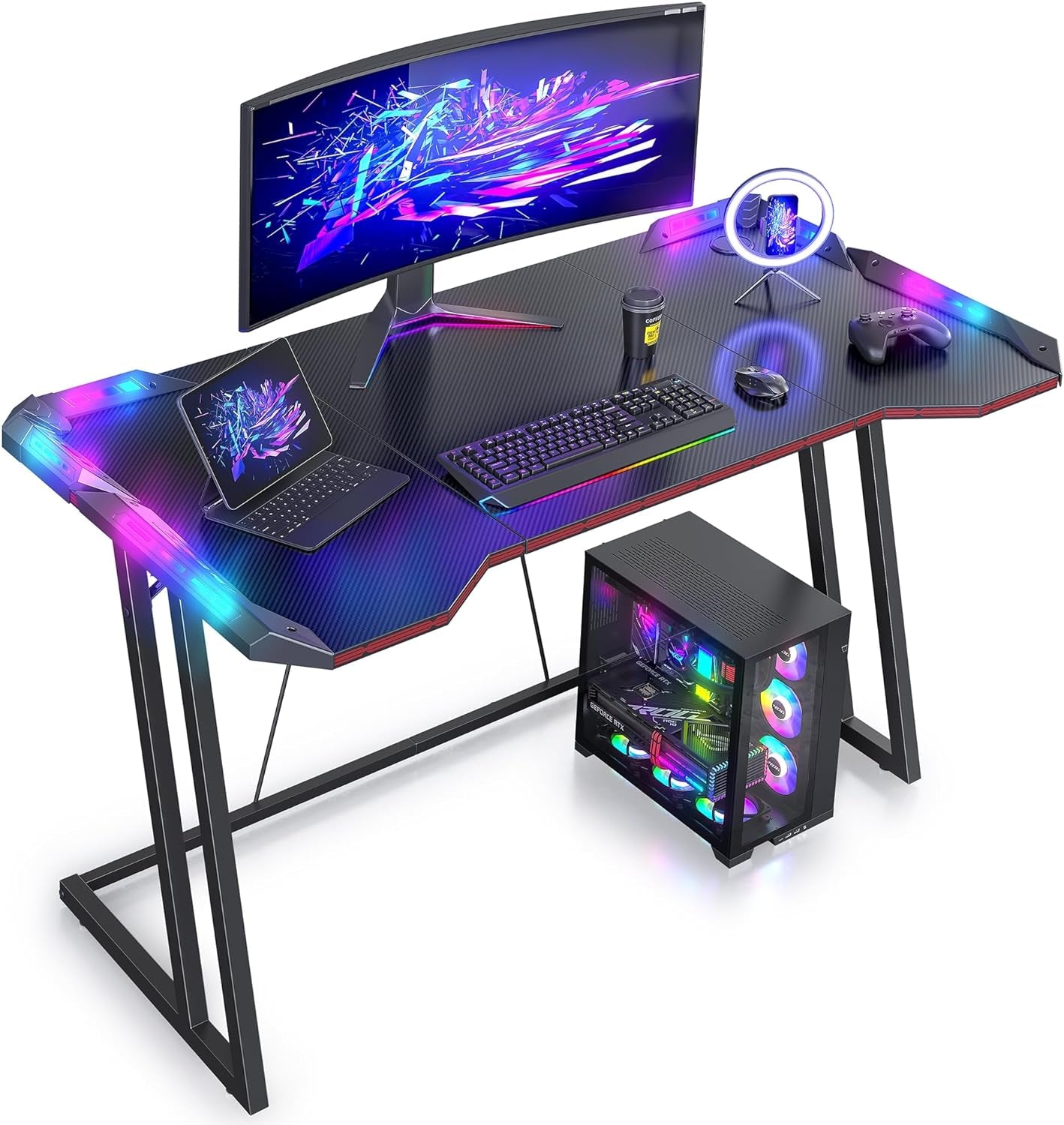 Gaming Desk with LED, 120 Cm Gamer Workstation, Home Computer with Carbon Fiber Surface, Black
