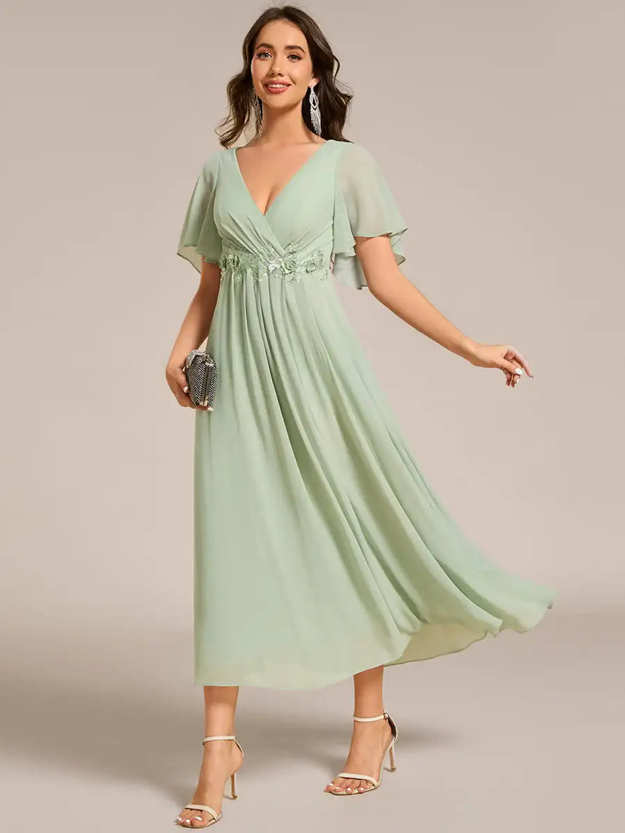 Mint Green Formal Evening Dress – Deep V-Neck Applique Ruffle Tea-Length Gown with Short Sleeves (Wedding Guest Dress, Corporate Event, Office Dress-Up)