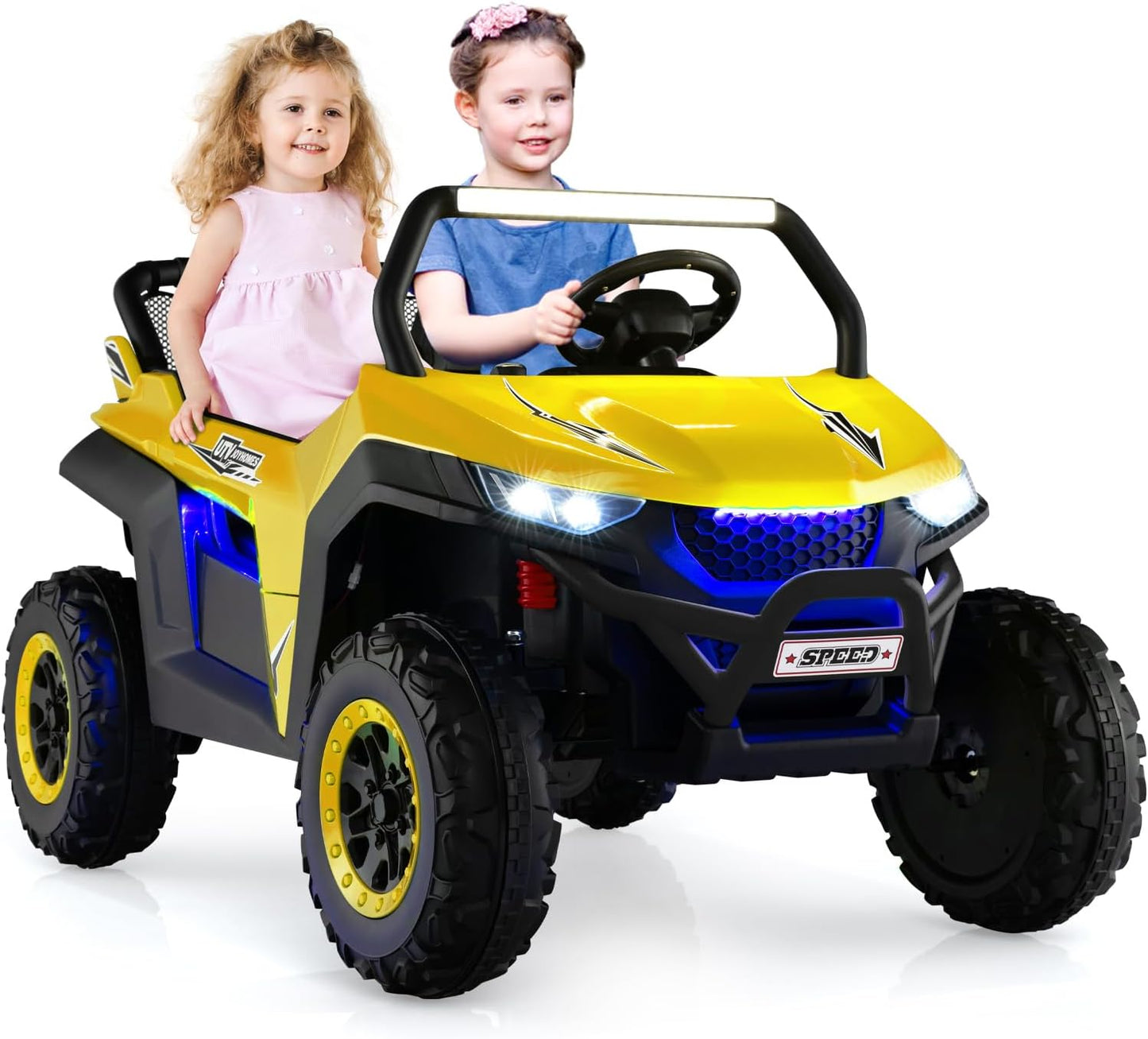 Kids Electric UTV, 2-Seater 12V Battery Powered Toy Car with Remote Control, Lights, Bluetooth, MP3, USB, FM, High/Low Speed & Suspension Spring, Children Ride on Car for 3-8 Years Old (Pink)