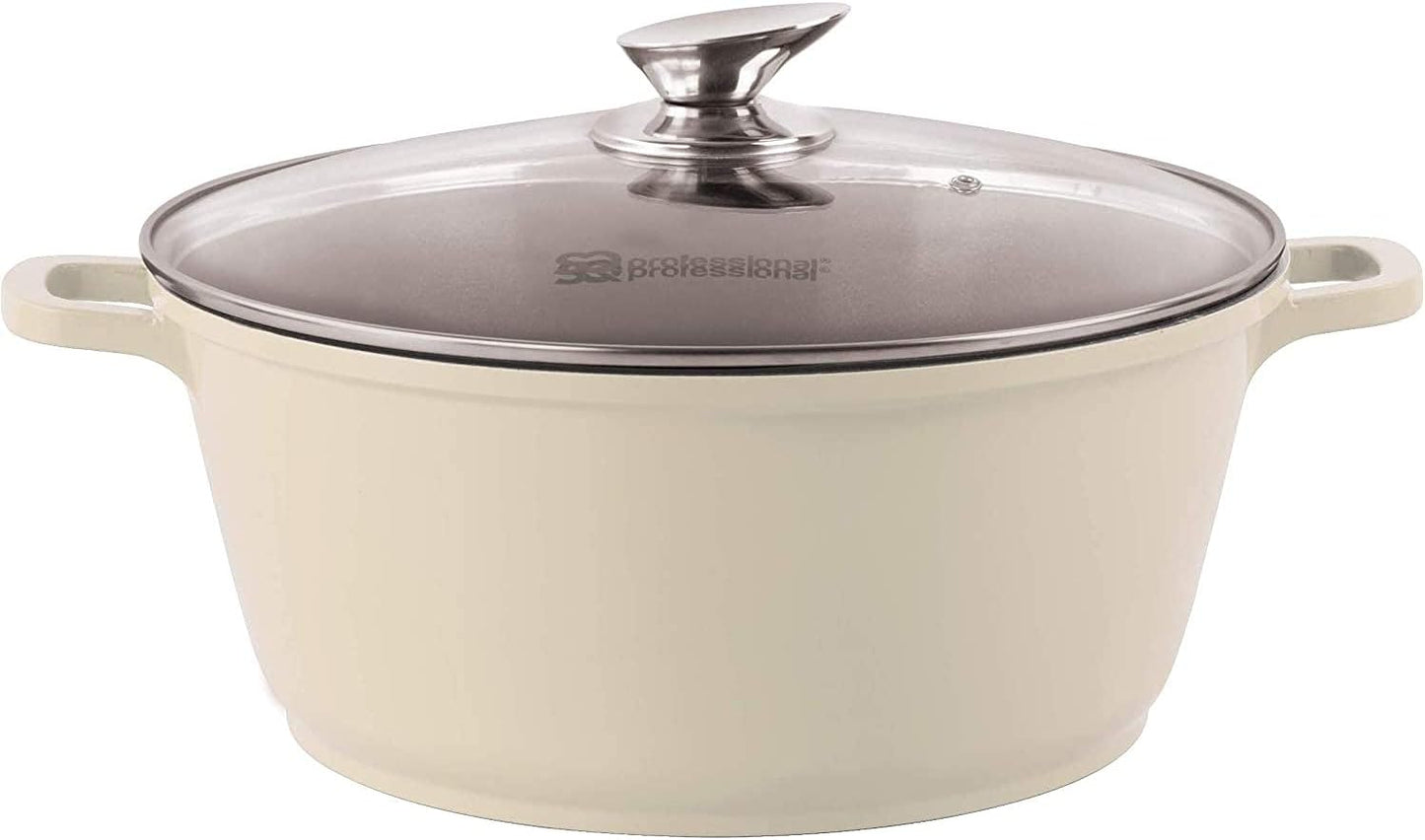 3-Layer Non-Stick Die-Cast Aluminium Stockpot with Tempered Glass Lid and Steam Vent – Induction Ready Casserole Pan, 20cm, Cream
