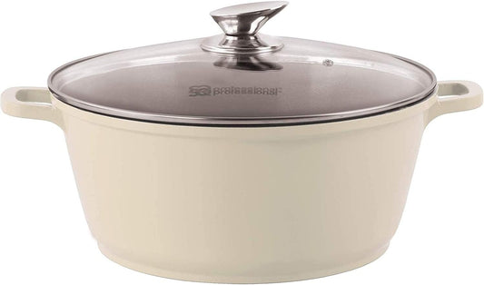 3-Layer Non-Stick Die-Cast Aluminium Stockpot with Tempered Glass Lid and Steam Vent – Induction Ready Casserole Pan, 20cm, Cream