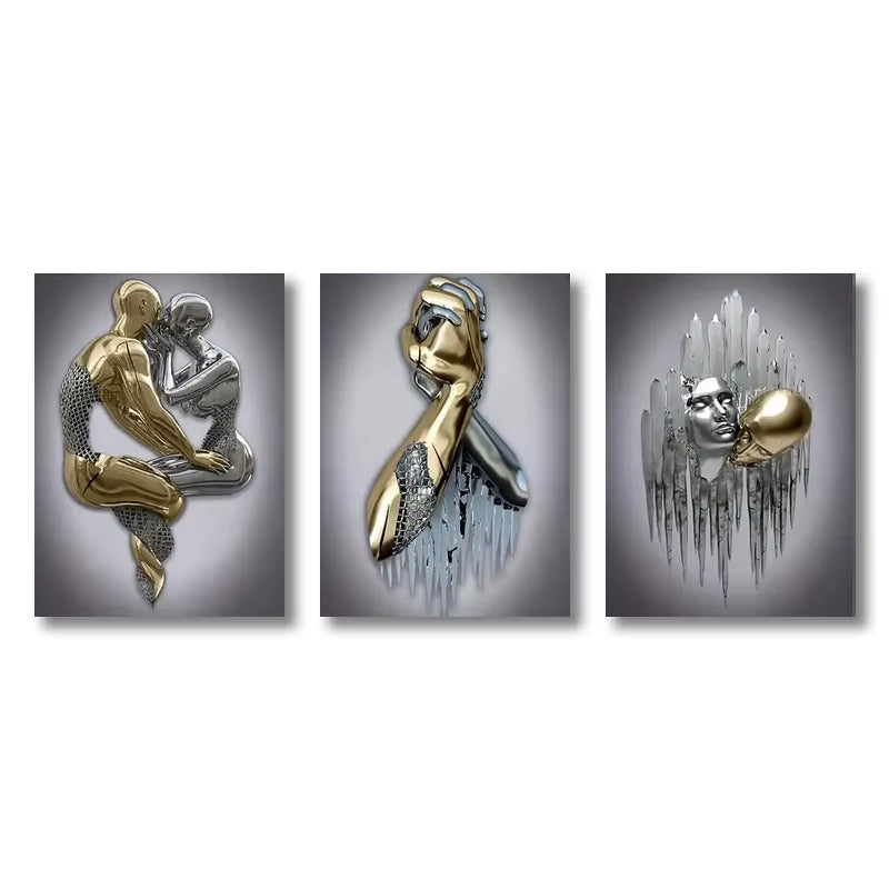 3Pcs Canvas Poster Metal Figure Statue Art Canvas Painting Decor Romantic Abstract Poster Modern Art Living Room Bedroom Decor