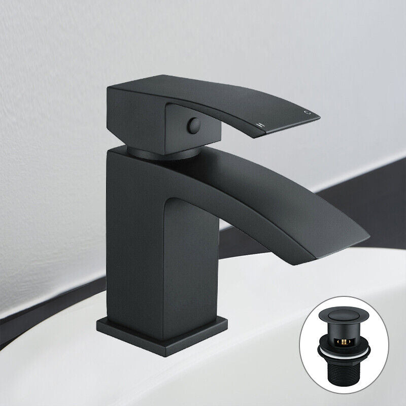Black Basin Mixer Tap – Waterfall Mono Square Modern Bathroom Sink Faucet with Waste