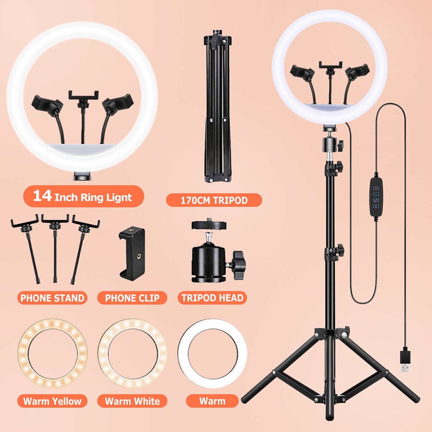 14" LED Ring Light 3 Phone Holders W/1.7M Stand Selfies Live Video Makeup
