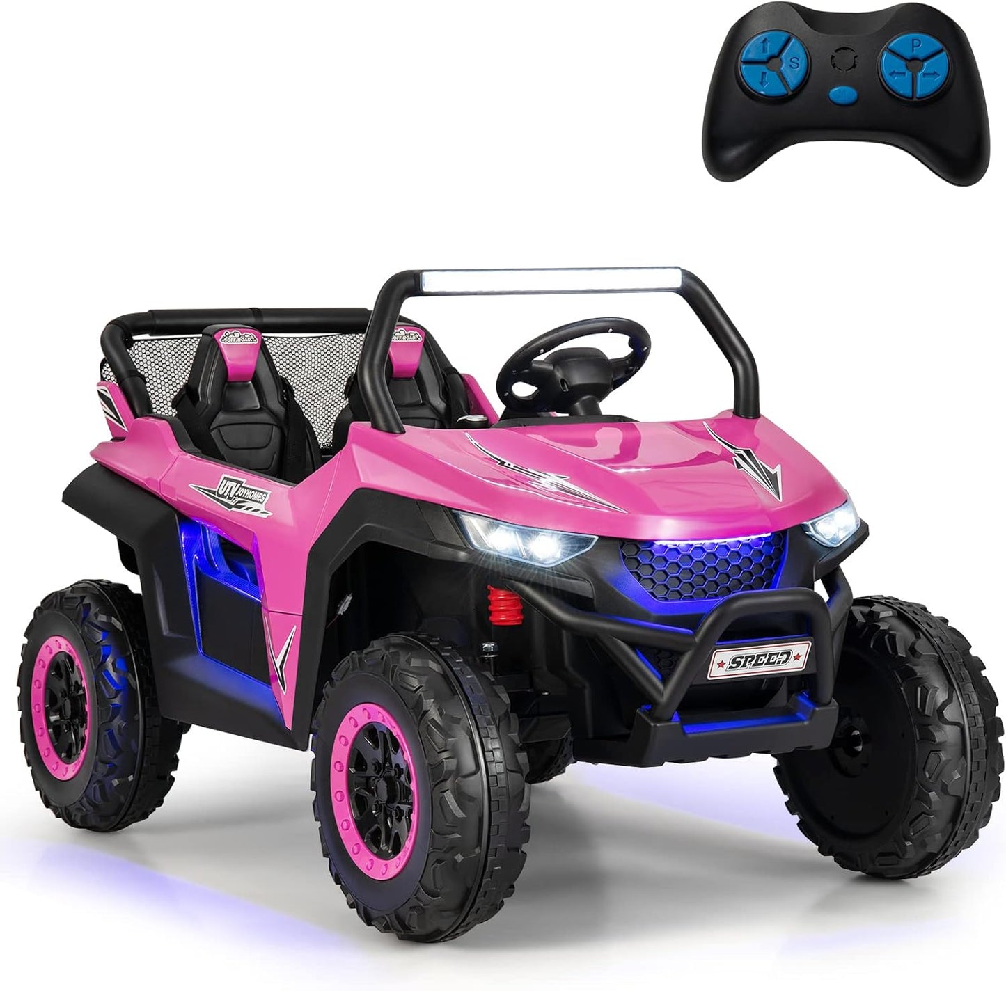 Kids Electric UTV, 2-Seater 12V Battery Powered Toy Car with Remote Control, Lights, Bluetooth, MP3, USB, FM, High/Low Speed & Suspension Spring, Children Ride on Car for 3-8 Years Old (Pink)
