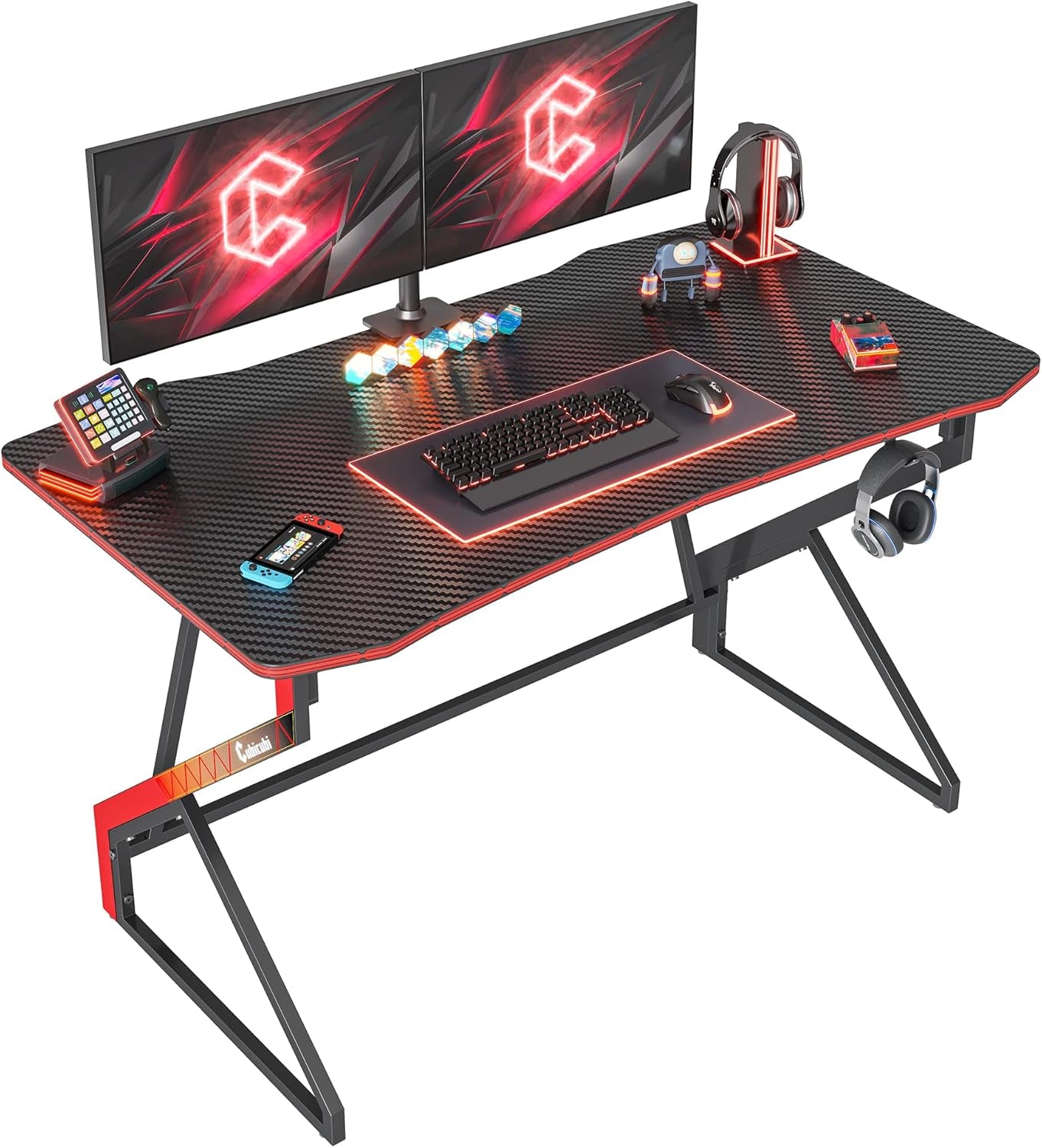 Gaming Desk with LED, 120 Cm Gamer Workstation, Home Computer with Carbon Fiber Surface, Black