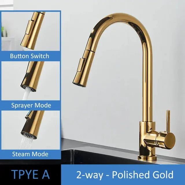 Brushed Gold Kitchen Faucet Pull Out Kitchen Sink Water Tap Single Handle Mixer Tap 360 Rotation Kitchen Shower Faucet - DynamicDrop Hub