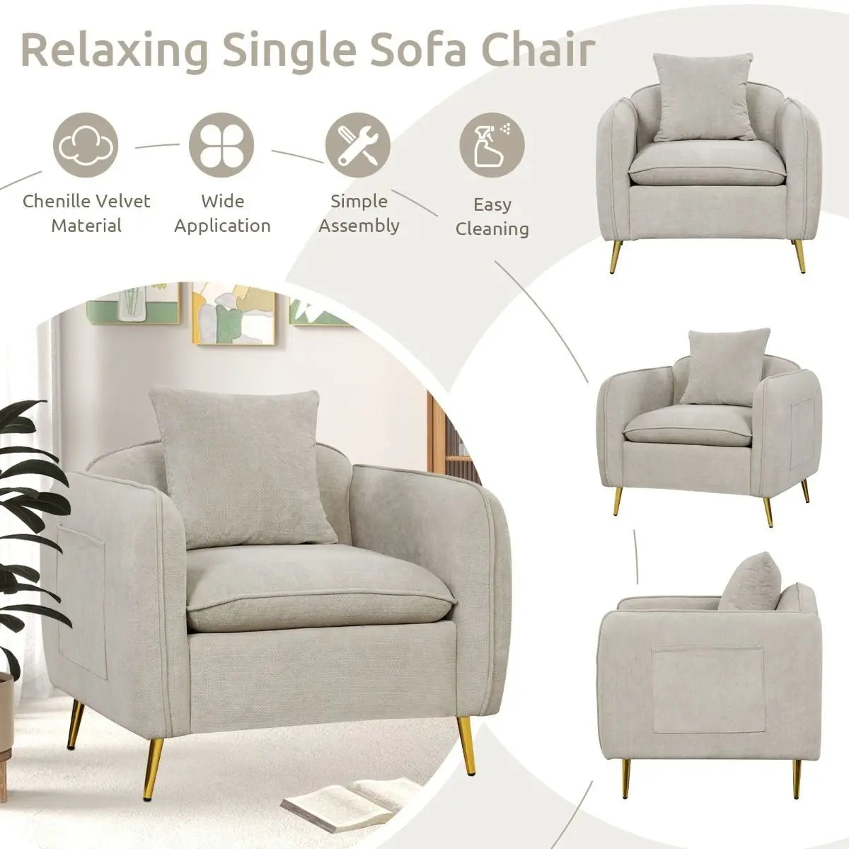 Chenille Velvet Accent Chair with Golden Metal Legs - DynamicDrop Hub