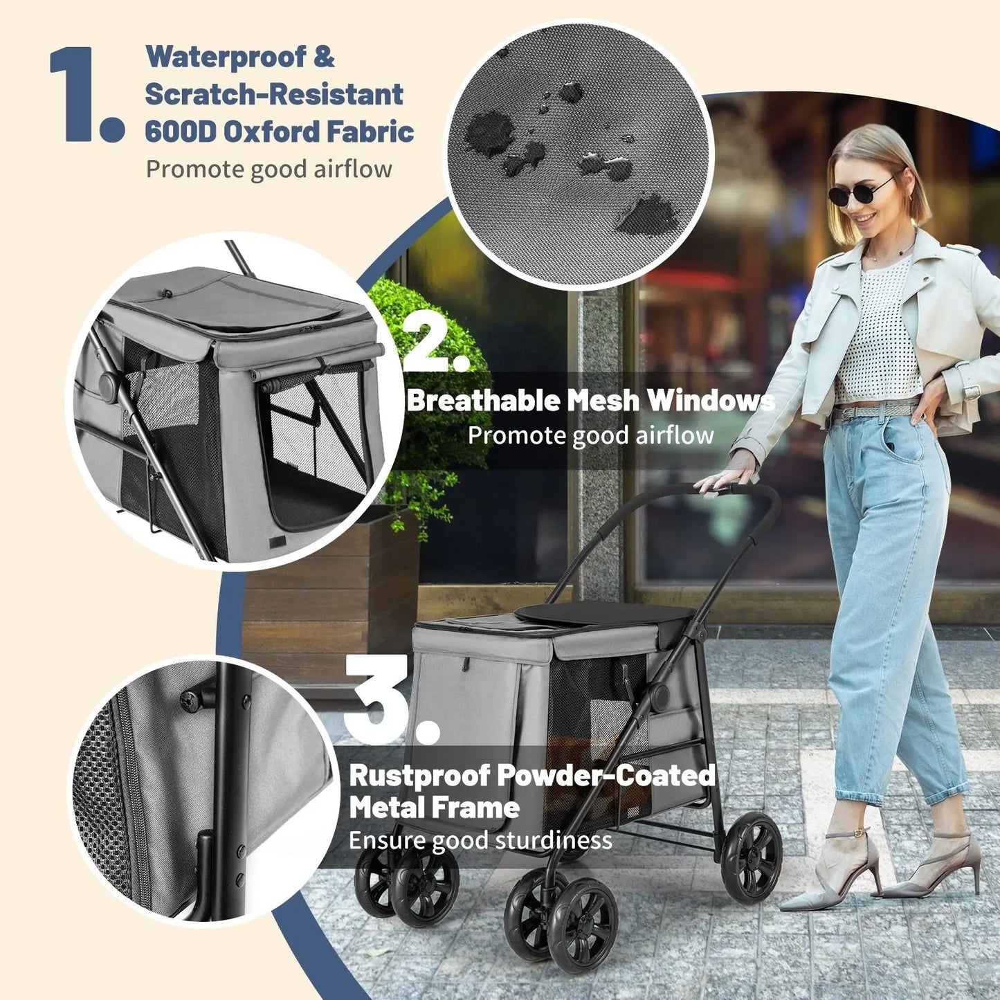 Folding Pet Stroller with Pockets and Skylight for Small Medium Pets - DynamicDrop Hub