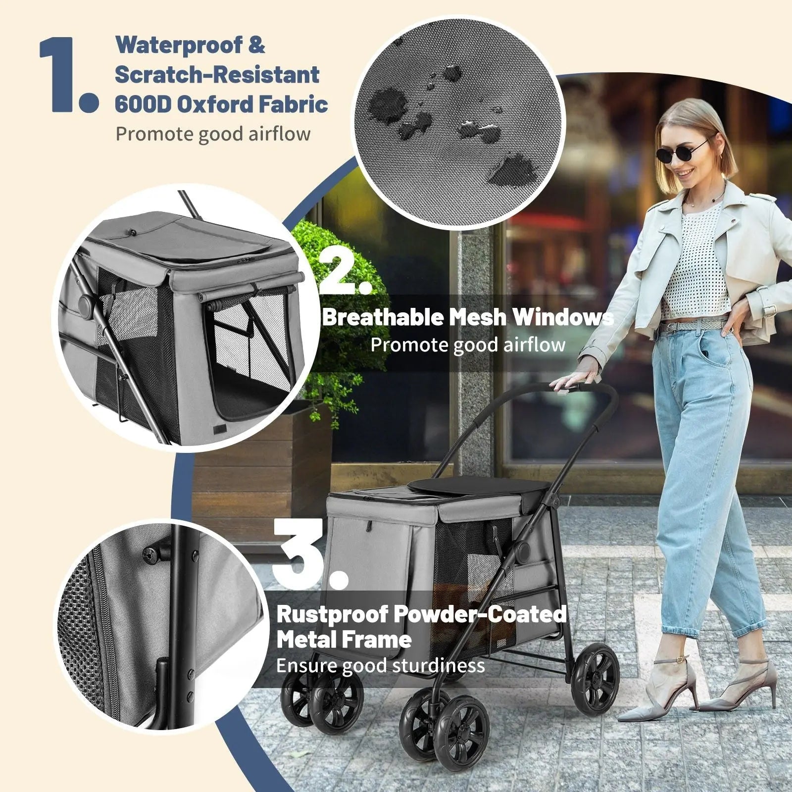 Folding Pet Stroller with Pockets and Skylight for Small Medium Pets - DynamicDrop Hub