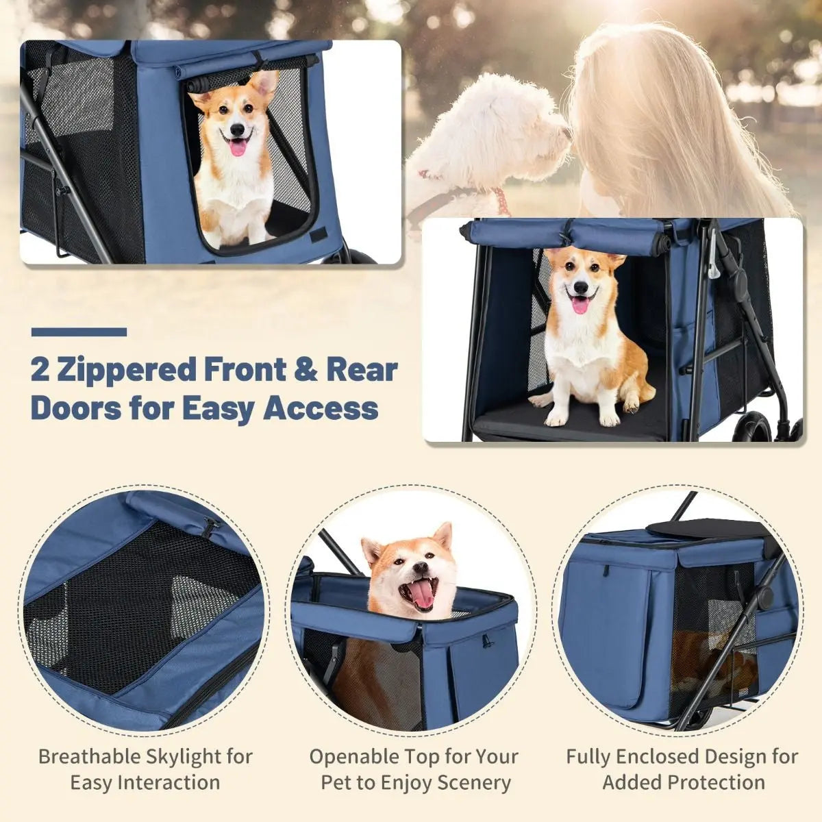 Folding Pet Stroller with Pockets and Skylight for Small Medium Pets - DynamicDrop Hub