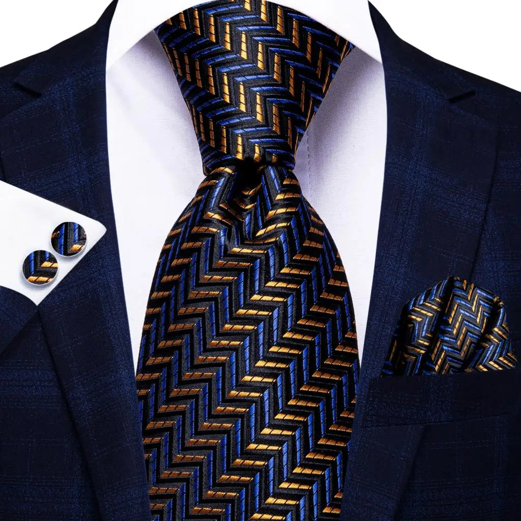 Navy Blue Striped Silk Tie Set for Men – Necktie, Pocket Square & Cufflinks – Formal Business & Wedding Gift Set